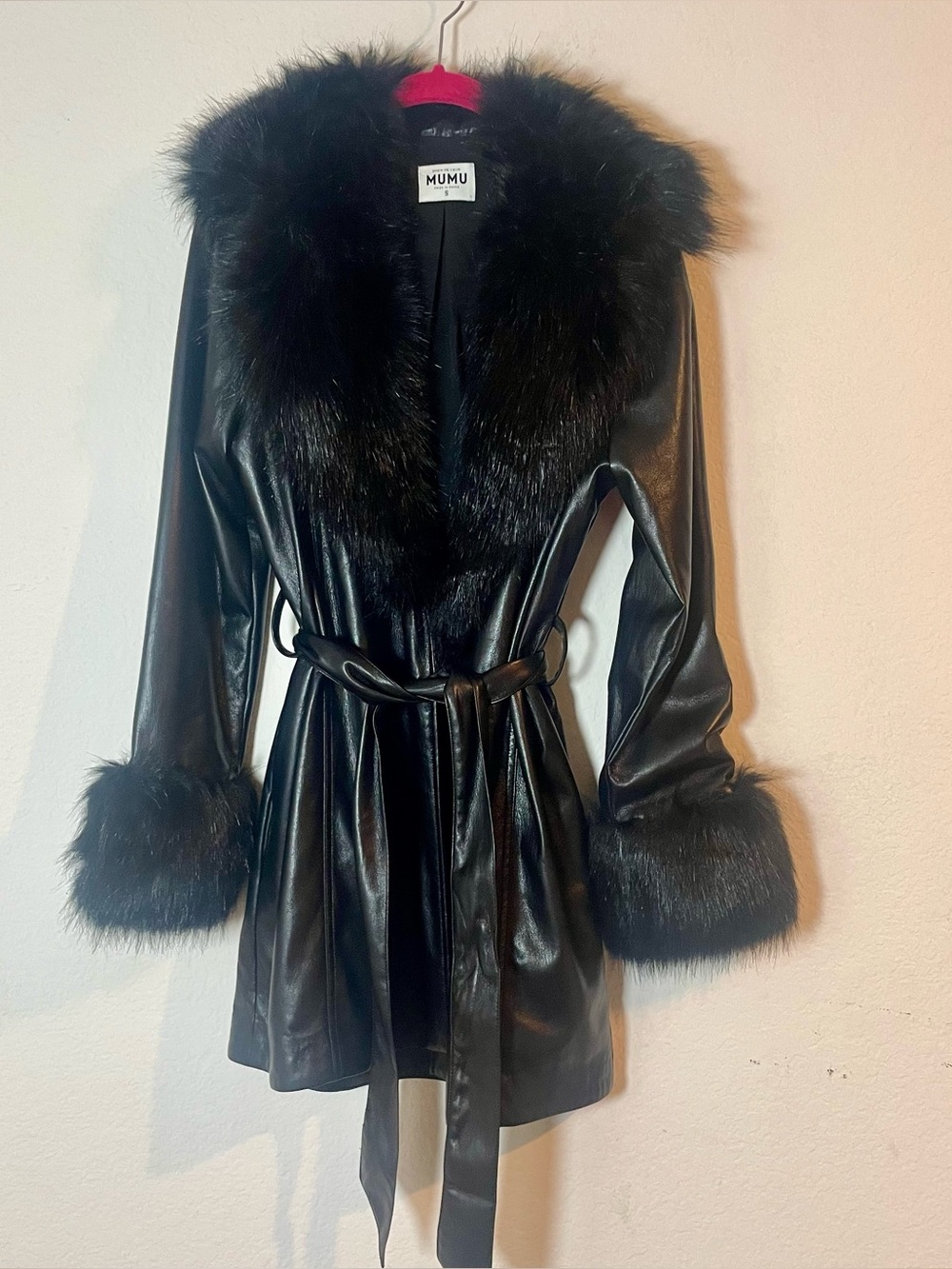 Show Me Your Mumu Women’s S Black Faux Leather Faux Fur Belted Coat Jacket